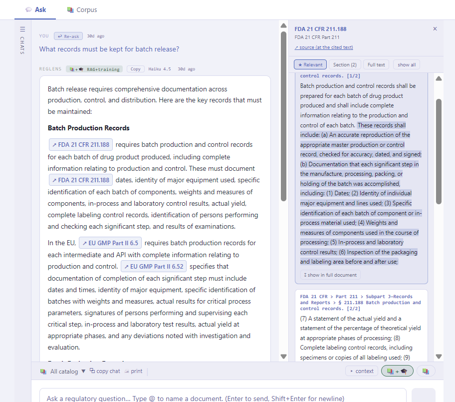 RegLens Ask: an answer on batch release records cited to 21 CFR 211.188 and EU GMP Part II, with the cited section open beside it and the supporting passage highlighted