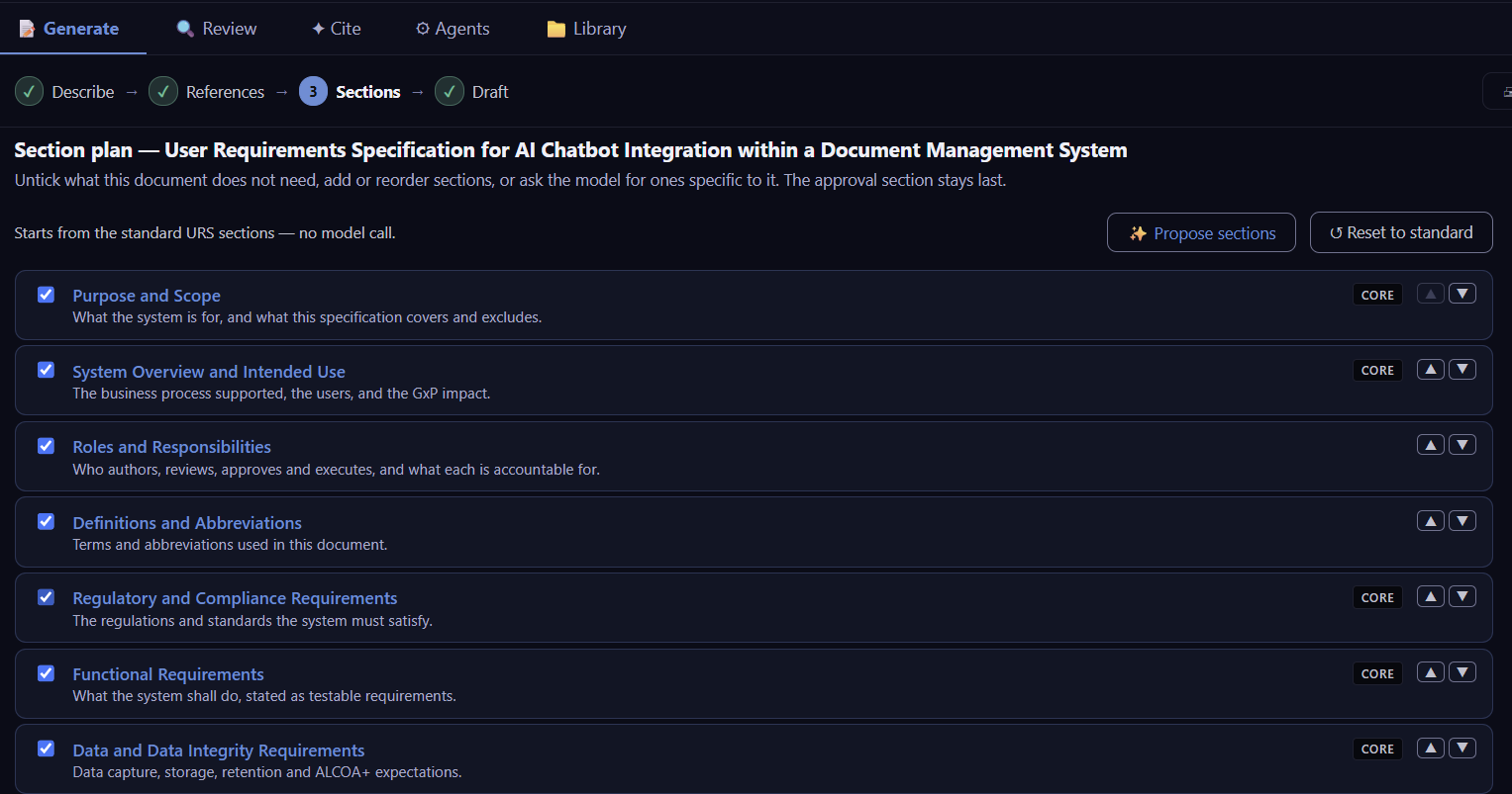 RegLens Generate: the section plan for a user requirements specification, where the author chooses, orders and adds the sections the AI will write