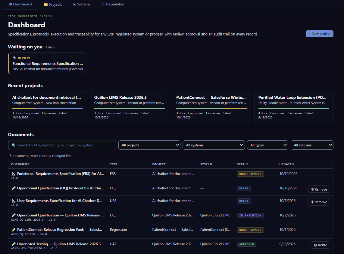 TMS dashboard: a specification waiting on its reviewer, recent validation projects with their progress, and every document with its type, project, system and status