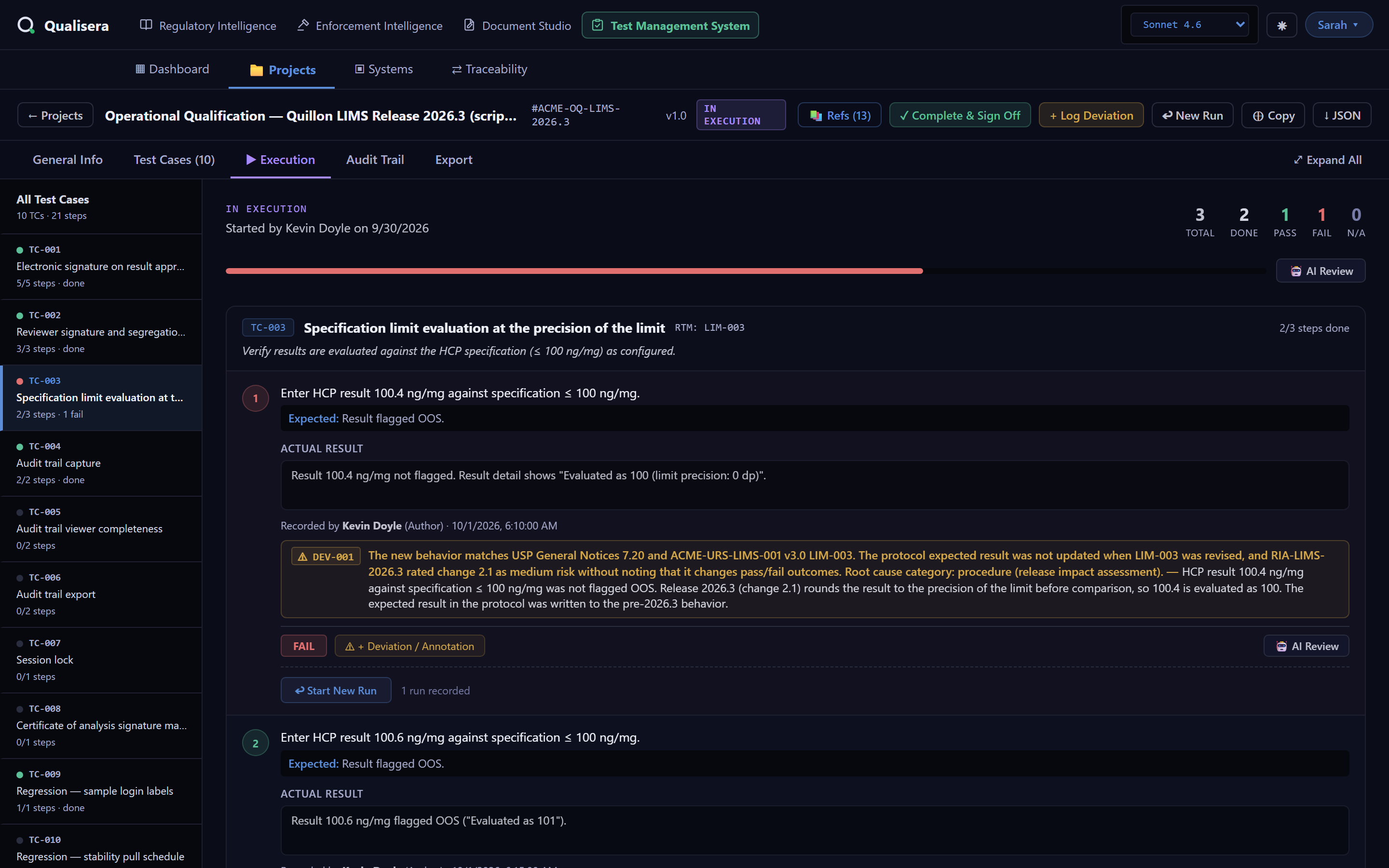 TMS protocol execution: a failed step in test case TC-003, with deviation DEV-001 recorded against it